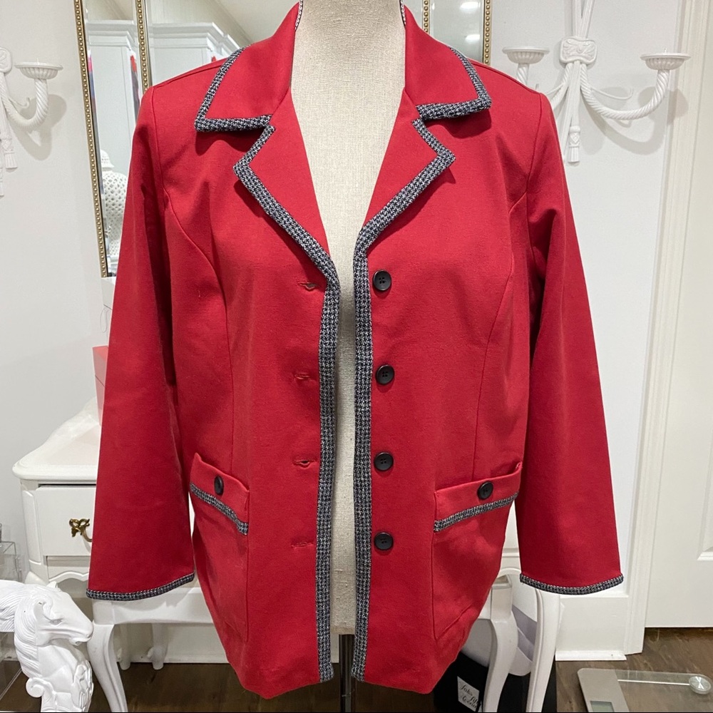 Draper's & Damon's Petites Red Light Blazer Coat Houndstooth Trim Sz M Vintage